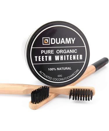 Duamy Activated Carbon Powder for Teeth Whitening - Natural Coconut Formula + 2 Toothbrushes with Activated Carbon Bristles (60g) - Buy Online on GoSupps.com