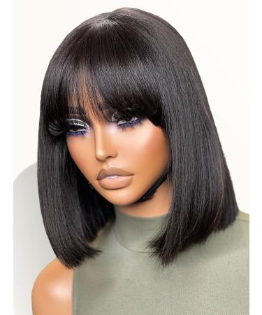 LUVME HAIR 10 Inch Light Yaki Straight Bob Wig with Bangs Human Hair Realistic HD Lace Short Black Bob Wigs Ready to Go Blunt Cut Bob Wig Glueless 180 Density 10 Inch Blunt Cut Yaki Bob | True Scalp