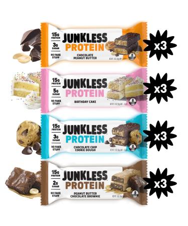 JUNKLESS Protein Bars - 12 Bar Variety Pack - 15g Protein High Fiber Gluten Free Meal Replacement - Delicious Indulgent Satisfying Healthy Snack for Energy