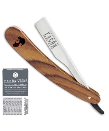 100 BLADES + Facn Professional Wooden Straight Edge Barber Razor - Salon Quality Cut Throat Shavette