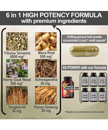 Premium Tribulus Terrestris Extract - 95% Saponin - 9150mg Ultra Potency with Maca, Tongkat Ali, Ginseng - 90 Day Supply - High Strength for Men & Women | 90 Count - Buy Online on GoSupps.com