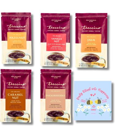 Teeccino Herbal Coffee Sampler Bundle (5-Pack 30g Each) - Coffee Alternatives in Hazelnut Vanilla Nut Java Caramel Nut & Snickerdoodle - Prebiotic Caffeine-Free Acid-Free & Prosperina Card - Buy Online on GoSupps.com