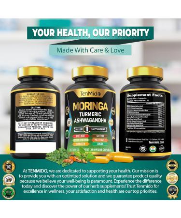 Tenmido Moringa Oleifera Supplement for Men and Women 10in1 Formula with Turmeric Ashwagandha Ceylon Cinnamon Beet Root Saffron & More - Energy Immune Support - Nutrient Rich - 150 Capsules - Buy Online on GoSupps.com