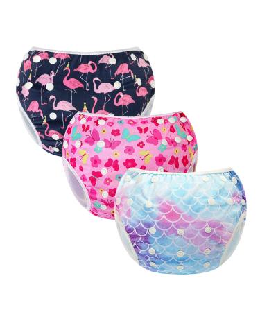 MIXIDON Reusable Swim Nappy Baby Swimming Nappies Adjustable Size Washable Nappy for Swimming Lesson 0-3 Years Fish Scales+Butterfly+Flamingo