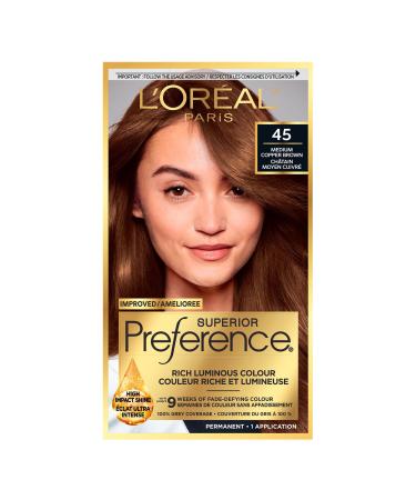 L'Oreal Paris Superior Preference 9 weeks of Luminous Fade-Defying Permanent Hair Dye 45 Medium Copper Brown 100% Grey Coverage 1 Hair Dye Kit (Packaging May Vary) 1 count (Pack of 1) Medium Copper Brown