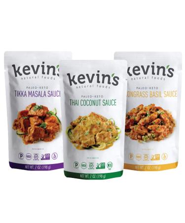 Kevin's Natural Foods Keto and Paleo Simmer Sauce Variety Pack - Stir-Fry Sauce, Gluten Free, No Preservatives, Non-GMO - 3 Pack (Tikka/ Thai Coconut/ Lemongrass Basil) Tikka/Thai Coconut/Lemongrass Basil