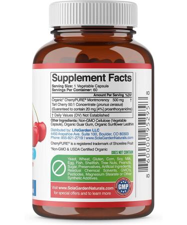 Organic Montmorency Tart Cherry Supplement | 50:1 Concentrate | CherryPURE by SolaGarden Naturals | 60 Veggie Capsules - Buy Online on GoSupps.com