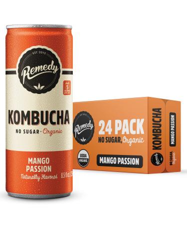 Remedy Kombucha Tea Organic Drink - Sugar Free, Keto, Vegan & Gluten Free - Sparkling Live Cultured, Small Batch Brewed Beverage - Mango Passion - 8.5 Fl Oz Can, 24-Pack