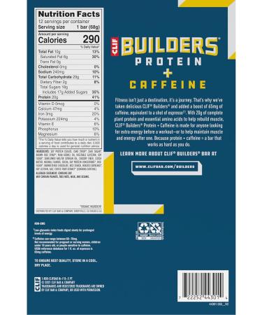 CLIF BUILDERS + Caffeine Protein Bars - Chocolate Chip Cookie Dough Flavor - 20g Plant Based Protein - Gluten Free - Non-GMO - Low Glycemic - No Artificial Sweeteners - 2.4 oz. (12 Pack) Chocolate Chip Cookie Dough 1 Count  - Buy Online on GoSupps.com
