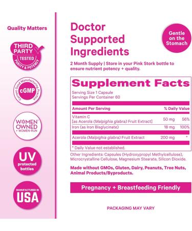 Pink Stork Iron for Women 18 mg Non-Constipating Iron Bisglycinate + Vitamin C for Optimal Absorption Energy Focus & Oxygen Supply PMS Pregnancy Postpartum & Perimenopause - 60 Capsules 60 Count (Pack of 1) - Buy Online on GoSupps.com