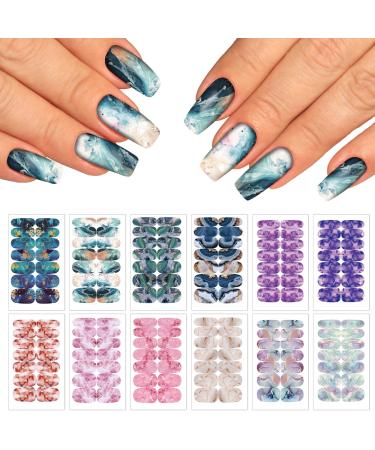 12 Sheets Marble Full Nail Wraps for Women Self-Adhesive Nail Polish Strips for DIY Nail Art Decals with 2 Piece Nail Files (168 Pieces) 12 Sheets Full Wraps Gradient Marble