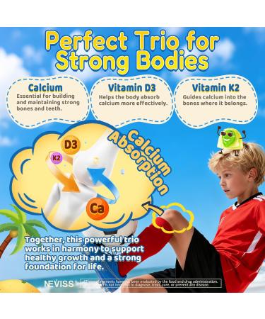 Kids Calcium Gummies + Vitamin D3 (1000IU/2000IU) K2 Magnesium Phosphorus Probiotic Algae Calcium Supplement for Kids 4+ & Teens for Bones & Teeth Extra Calcium Absorption Sugar Free 60 Counts 60 Count (Pack of 1) - Buy Online on GoSupps.com