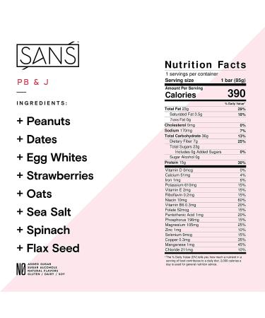 SANS PB and J Meal Replacement Protein Bar | All-Natural, Sugar-Free Nutrition Bar | Dairy-Free, Soy-Free, Gluten-Free | 14 Vitamins & Minerals | 6 Pack, 3 oz Bars - Buy Online on GoSupps.com