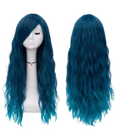 Mildiso Blue Wigs for Women 26 Long Blue Wig with Bangs Curly Wavy Natural Cute Soft Wig with Wig Net M062B