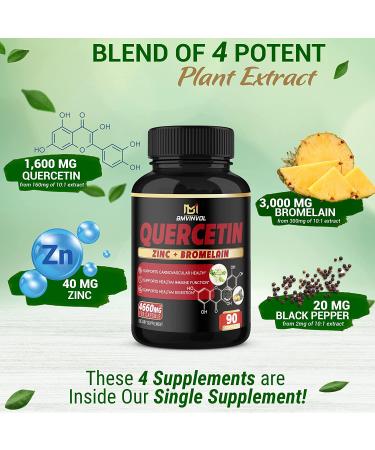 Quercetin Supplement 4660mg with Bromelain & Black Pepper Extract - Cardiovascular & Immune Support - Antioxidant - 3 Months Supply - Buy Online on GoSupps.com
