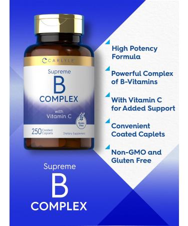 Carlyle Vitamin B Complex for Women and Men | 250 Caplets | with Vitamin C | Vegetarian Non-GMO and Gluten Free Supplement 250 Count (Pack of 1) - Buy Online on GoSupps.com