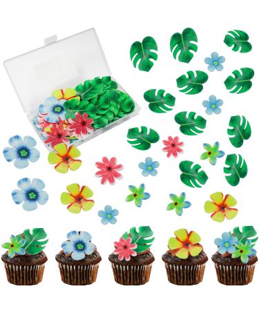 83pcs Edible Tropical Turtle Leaves Flower Cupcake Toppers Wafer Paper Palm Leaf Flower Cake Topper Edible Cake Decoration for Hawaii Aloha Jungle Summer Theme Wedding Birthday Baby Shower