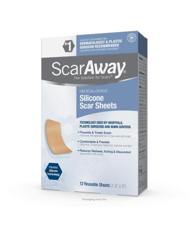 ScarAway Advanced Skincare Silicone Scar Sheets Silicone Scar Sheets for Body Scar Surgical Scar Burn Scar Acne Scar and Keloid Scar Treatment 12 Reusable Sheets 12 Count (Pack of 1) Regular Sheet