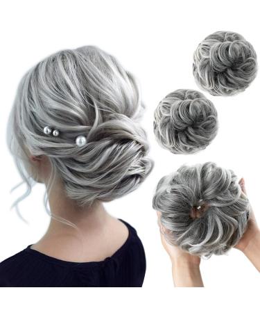 SARLA Grey Messy Bun Hair Piece Synthetic Wavy Curly Chignon Ponytail Extension Scrunchies Updo for Women Girls Black with Grey/Platinum Blonde 2PCS Gray and White Tips