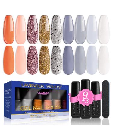 Lavender Violets 13 Pcs Gel Nail Polish Set Grey Glitter Rose Gold Colour Matching Bottle All Season Gifts For Women UV LED Soak Off With Base Coat Matte n No Wipe Top Coat Nail File Manicure F653 Maple Leaf