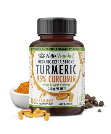 Nutra Nourished Organic Turmeric Curcumin with Black Pepper - 1350mg Standardized Turmeric 95% Curcumin| Highest Strength Curcumin Curcuma Capsules | Made in Australia (90 Capsules)
