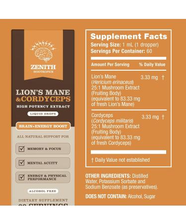 Zenith Nootropics Lion s Mane & Cordyceps Supplement Brain & Energy Support Focus Memory Clarity Immunity Vegan Alcohol-Free Tincture Up-to 2-Month Supply 2 fl oz - Buy Online on GoSupps.com