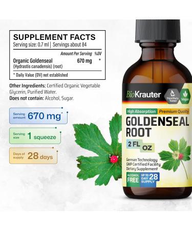 BIO KRAUTER Goldenseal Root - Pure Vegan Goldenseal Tincture 670mg per Serving 2 Fl.Oz 28-Day Supply - Immune & Respiratory Support - Liquid Golden Seal for Digestive Support - Alcohol & Sugar Free 2 Fl Oz (Pack of 1) - Buy Online on GoSupps.com