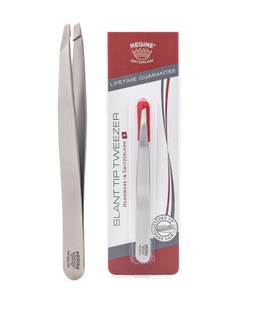 Regine Switzerland Slant Tweezer - Handmade in Switzerland - Professional Eyebrow, Facial & Hair Remover - Etched Interior Tip to Grab Hair From the Root - Perfectly Aligned Tips - Stainless Steel Silver