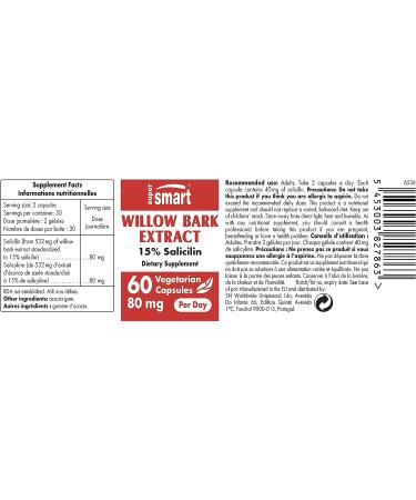 Supersmart Willow Bark Extract 80mg (15% Salicin) - General Health Plant Supplement | Non-GMO - 60 Capsules - Buy Online on GoSupps.com