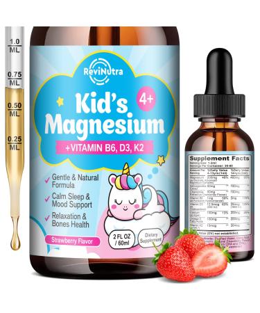Kids Magnesium Glycinate Liquid Drops with Omega-3, Ashwagandha, Vitamin B6, D3, K2, Calcium & Chamomile - Magnesium Drops for Kids Sleep, Calm, Focus, Brain & Mood - Strawberry Flavor Strawberry 2 Fl Oz (Pack of 1)