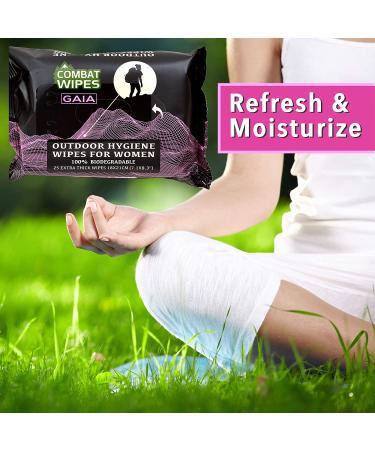Combat Wipes Gaia - Biodegradable Feminine Hygiene Outdoor Wet Wipes for Women - pH Balanced with Aloe - 25 count - Buy Online on GoSupps.com