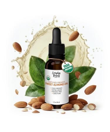 Organic Sweet Almond Oil | 100% Pure, Cold-Pressed, Unrefined | USDA Certified Organic | Amber Glass Bottle with Glass Dropper | For Face, Skin & Hair - 1 Fl Oz
