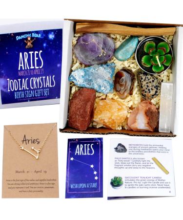 DANCING BEAR Aries Zodiac Healing Crystals Gift Set, (14 Pc): 9 Stones, 18K Gold-Plated Constellation Necklace, Meteorite, Succulent Candle, Palo Santo Smudge Stick, and Info Guide, Made in The USA