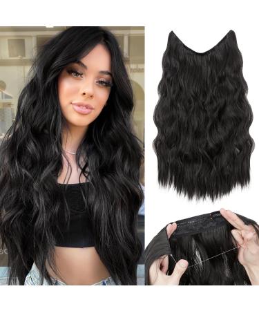 Benehair Invisible Wire Hair Extension 20 Inches Halo Hair Extension with 4 Secure Clips Synthetic Hair Piece Long Wavy Secret Headband Hairpieces for Women Halo Extensions Natural Black Hair #2A 20Inches Natural Black