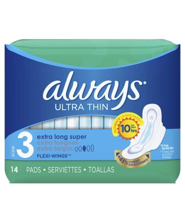 Always Ultra Thin Pads Size 3 Extra Long Super Absorbency with Wings Unscented Size 3 (14 Count)