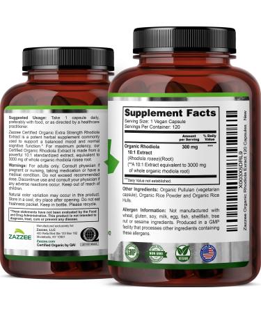 Zazzee USDA Organic Rhodiola 10:1 Exract 3000 mg Strength 120 Capsules 4 Month Supply Standardized and Concentrated 10X Extract 100% Vegetarian Extra Strength All-Natural and Non-GMO - Buy Online on GoSupps.com