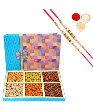 Ghasitaram Gifts Rakhi Gifts for Brothers Dryfruit - Fruit n Nut 6 Part Box of Crunchy Cashews Crunchy Peanuts and Flavoured Almonds 600 GMS with 2 Pearl Rakhis