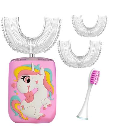 BubblezKidz  Kids Electric Toothbrush  U Shaped Dinosaur Cartoon  Ultra Sonic 6 Brush Cleaning Modes w/ Smart Timer  Ages 2-18 Years Old  IPX7 Waterproof, Rechargeable, with Stickers (Unicorn)