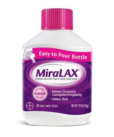 MiraLAX Laxative Powder for Gentle Constipation Relief 1 Dr. Recommended Brand 30 Dose Polyethylene Glycol 3350 stimulant-free softens stool Red 1.11 Pound (pack of 1)