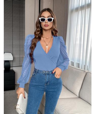 Fayenne Womens Tops Deep V Neck Cross Wrap Sexy Tops Polka Dot Mesh Long Sleeve T Shirt Casual Blouses M Grey Blue - Buy Online on GoSupps.com