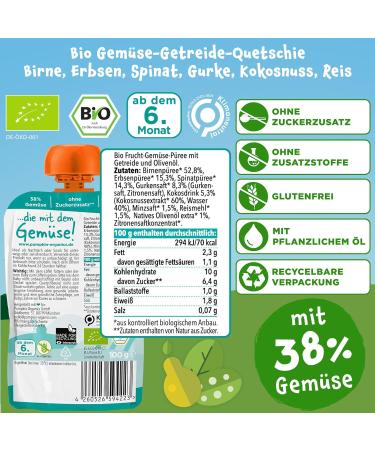 Buy Pumpkin Organics Bio Vegetable Cereal Quets 8 Pack - Pear Peas Spinach Coconut Rice - Sugar-Free Gluten-Free & Vegetarian Baby Food (8x100g) - Ideal for Babies 6 Months+ - Buy Online on GoSupps.com