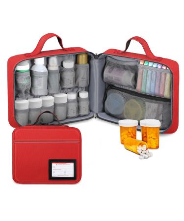 SITHON Pill Bottle Organizer Medicine Storage Bag Medication Travel Carrying Case Manager with Handle, Fixed Pockets for Medications, Vitamins, Medical Supplies, Red
