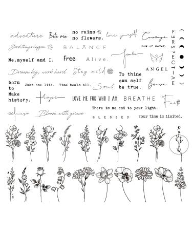 DIVAWOO Realistic Temporary Tattoo - 60 Sheets Tiny Fake Tattoos, 40 Pcs Inspirational Words Tattoo, 20 Pcs Wild Flower Floral Bouquet Tattoo Stickers for Adult Women Face Body Hand