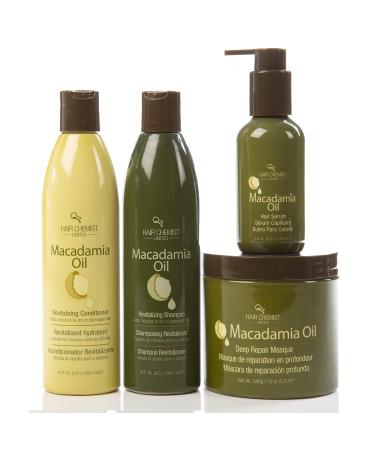 Hair Chemist Macadamia Oil Revitalizing Combo Shampoo 10 ounce and Conditioner 10 ounce and Deep Repair Masque 8 ounce and Hair Serum 4 ounce