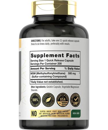 MSM Supplement 500mg - 200 Capsules | Non-GMO & Gluten Free | Methylsulfonylmethane by Carlyle - Buy Online on GoSupps.com