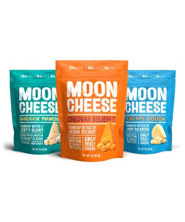 Moon Cheese Bites Bundle, Cheddar Believe It, Oh My Gouda & Garlickin' Parmesan, 2-Ounce, 3-Pack, Lunch or School Snack Cheddar, Gouda, Garlic Parmesan 2 Ounce (Pack of 3)