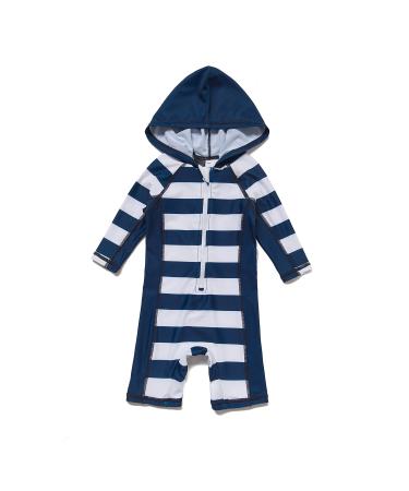 BONVERANO Baby Boys Swimsuit Toddler Bathing Suit Zip-up Full-Zip Hoodie One Piece Swimwear with UPF 50+ Sun Protection 12-18 Months Hooded White Stripe