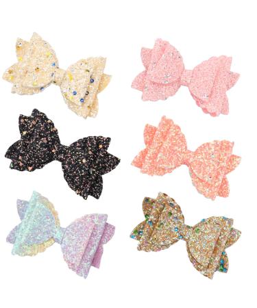 Frcolor 6 pieces glitter hair loops double layer colorful hair accessories cute kawaii beautiful hair clip toddlers children children girls women bows hair needle (random color)