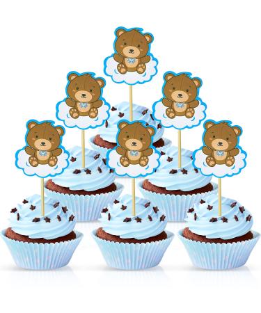 60 Pieces Teddy Bear Cupcake Cake Toppers Teddy Bear Themed Baby Shower Decorations Bear Cake Picks for Gender Reveal Baby Shower Party Decorations
