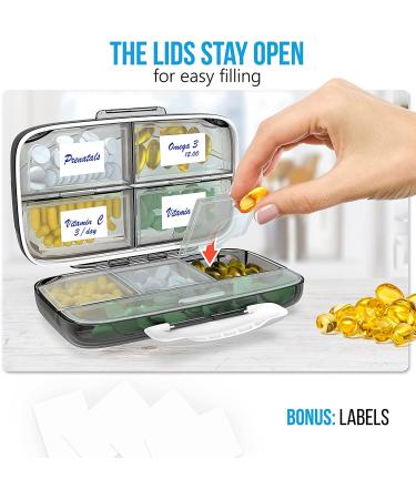 Pill Organizer Airtight Box Large Dispenser | 8 Compartment Travel Supplement Holder | Portable Vitamin Sorter | Daily Medicine Container - Black - Buy Online on GoSupps.com